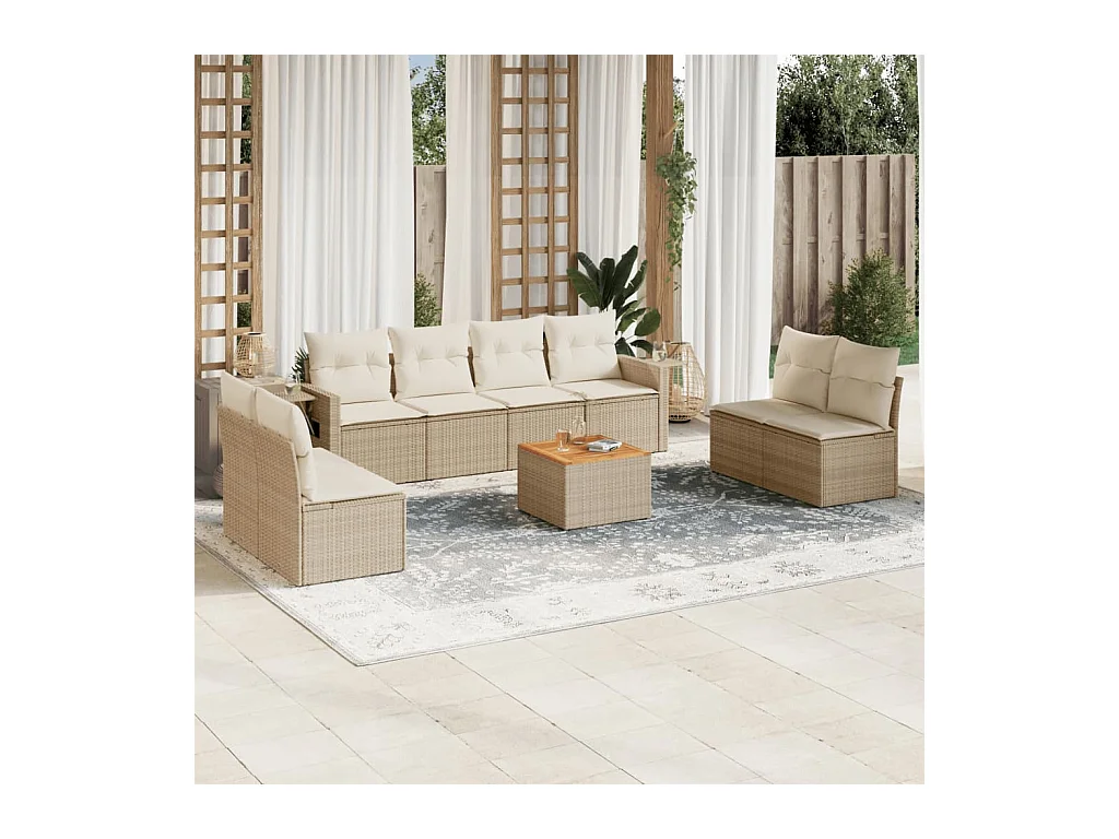 9-delige Loungeset met kussens poly rattan beige