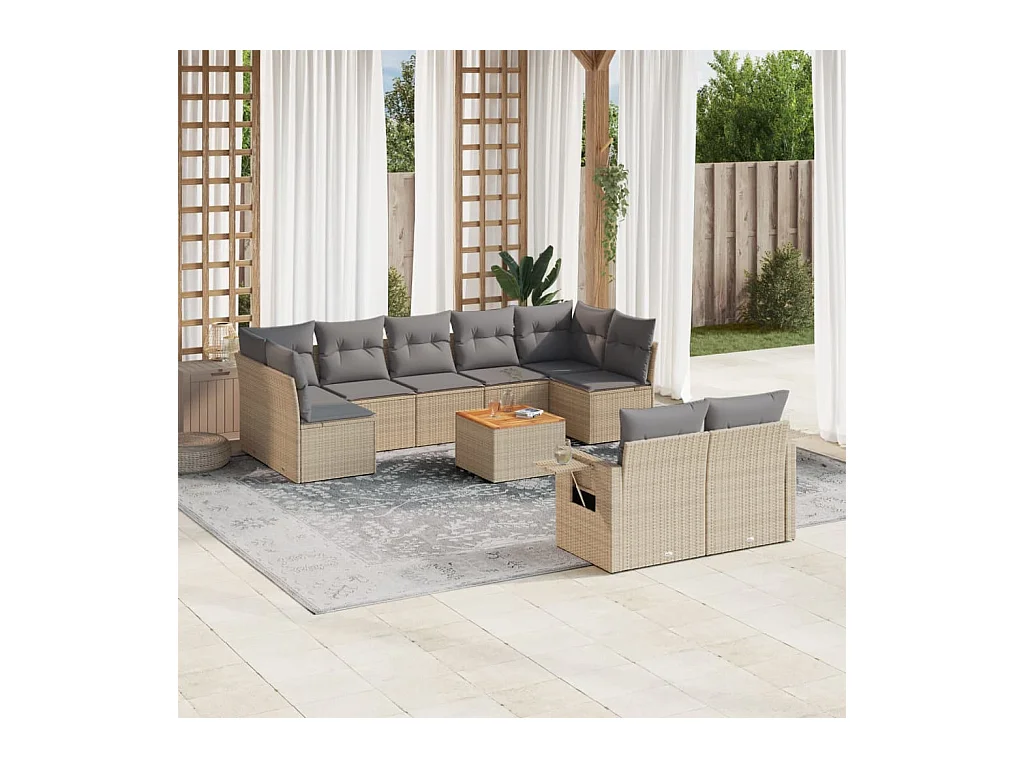10-tlg. Garten-Sofagarnitur mit Kissen Beige Poly Rattan