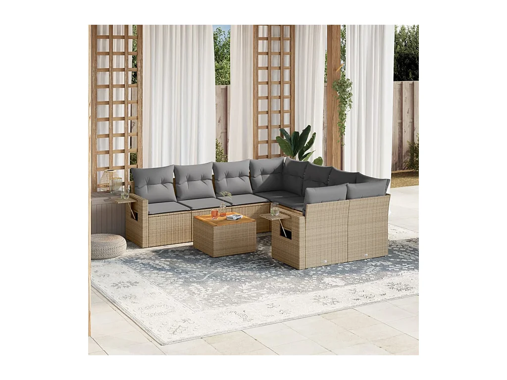 Set Divano da Giardino 9 pz con Cuscini Beige in Polyrattan