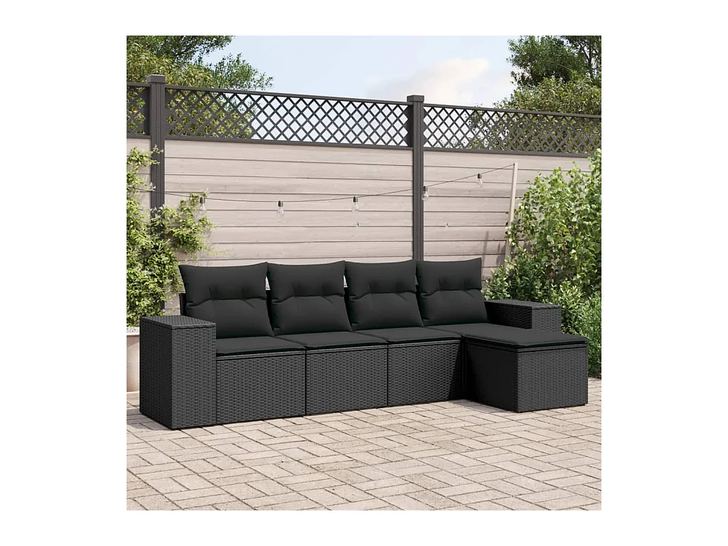 Salon de jardin 5 pcs avec coussins noir résine tressée