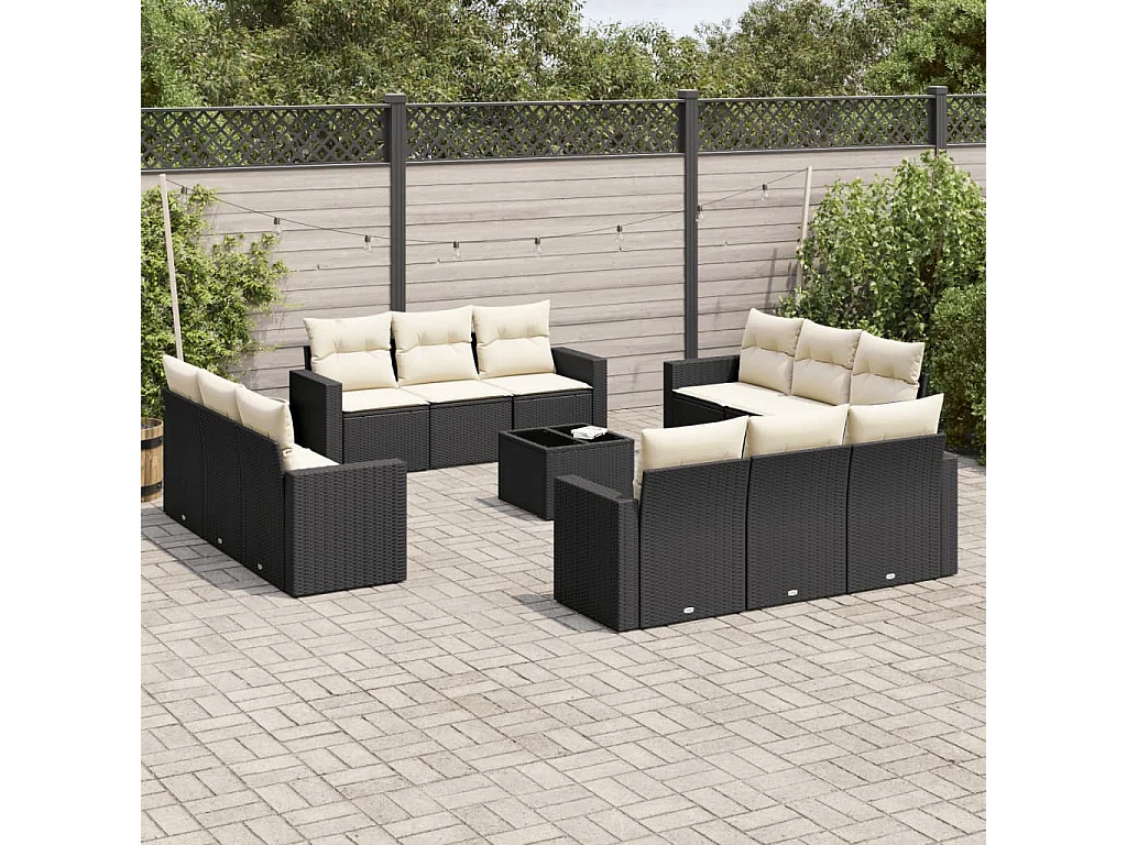 Salon de jardin avec coussins 13 pcs noir résine tressée