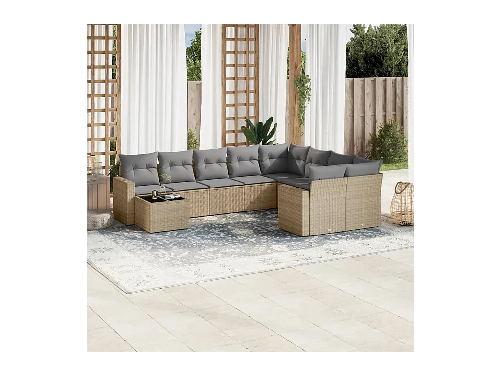 10-tlg. Garten-Sofagarnitur mit Kissen Beige Poly Rattan