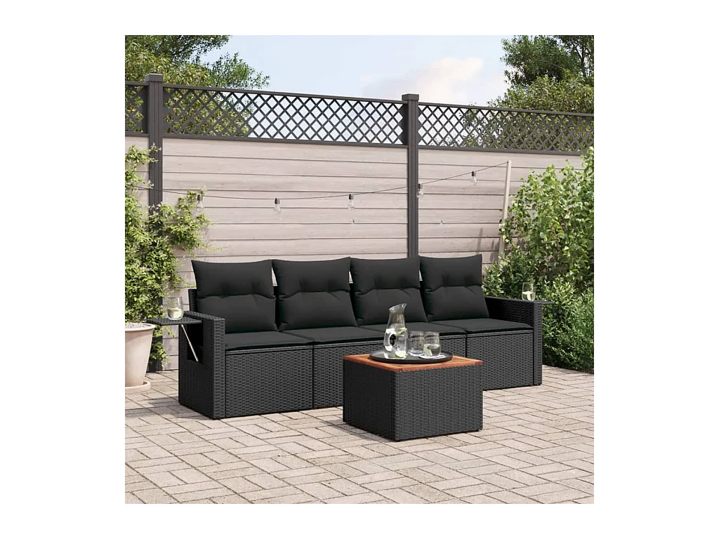 5-tlg. Garten-Sofagarnitur mit Kissen Schwarz Poly Rattan