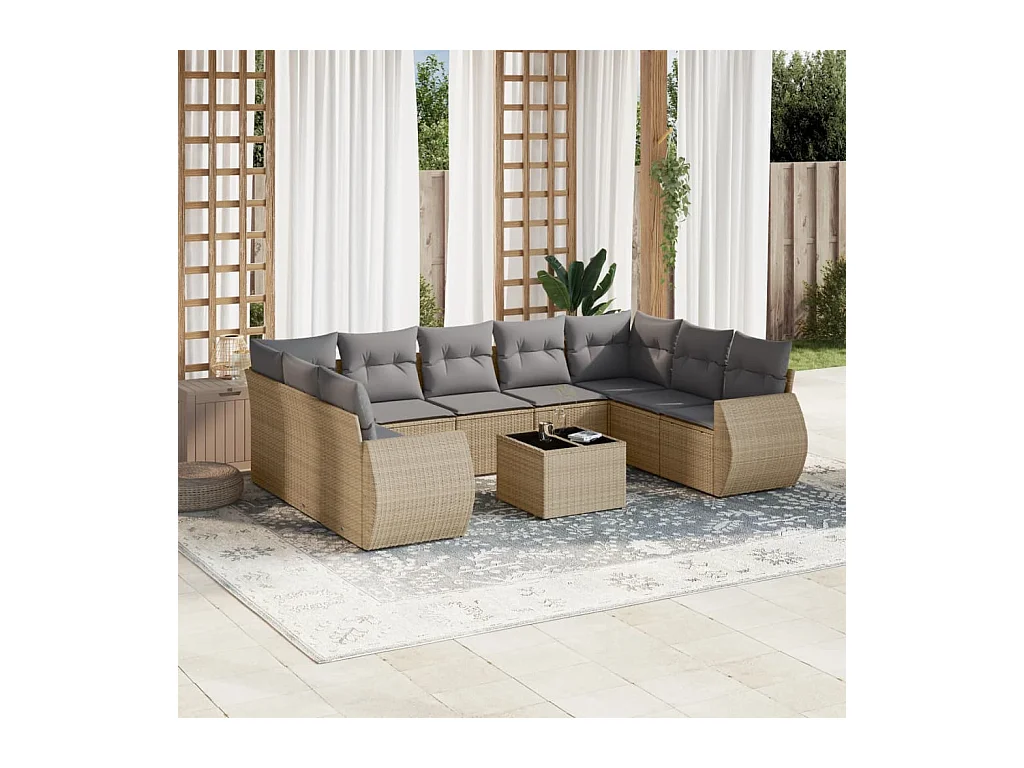 10-delige Loungeset met kussens poly rattan beige