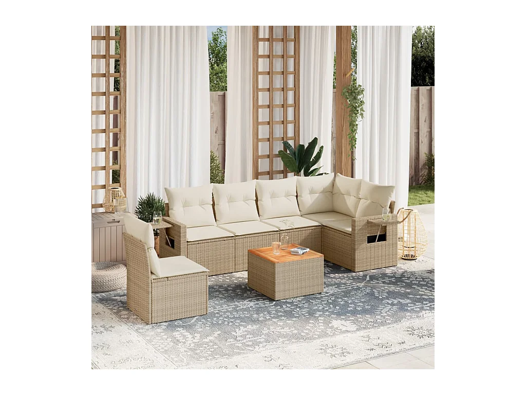 7-tlg. Garten-Sofagarnitur mit Kissen Beige Poly Rattan
