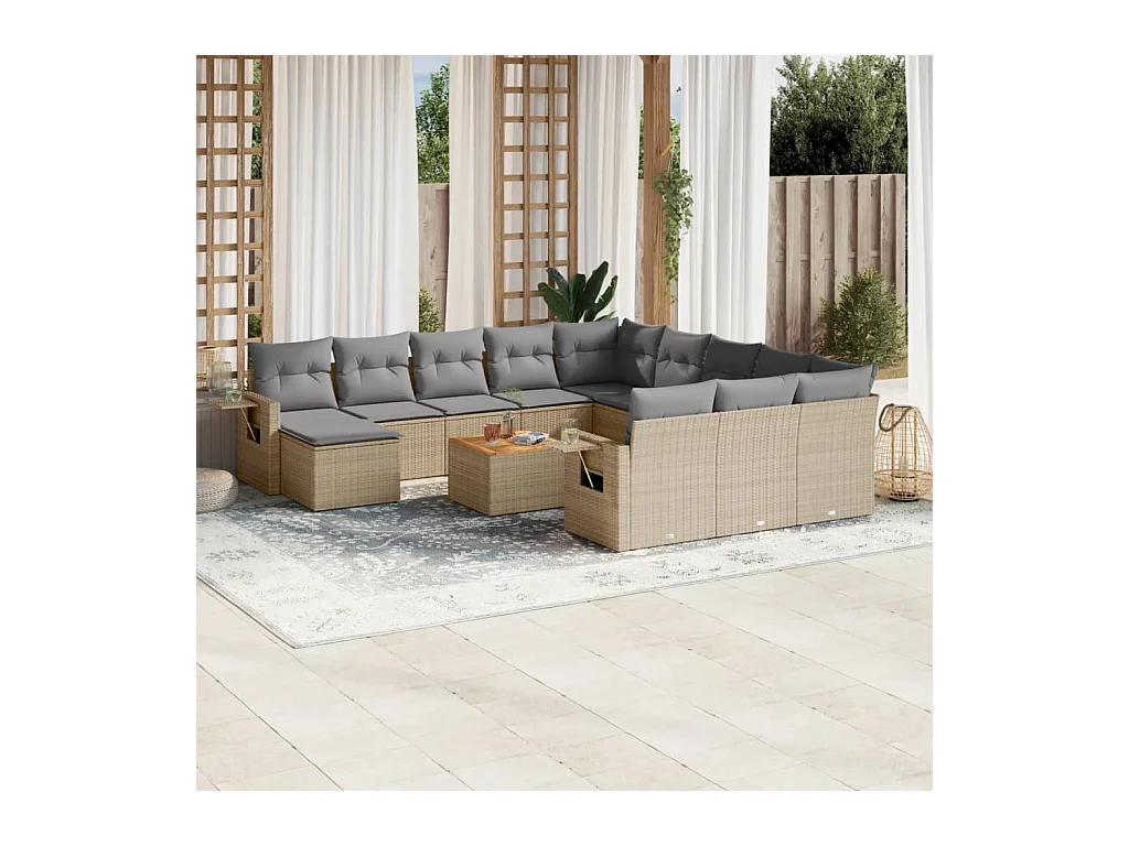 13-tlg. Garten-Sofagarnitur mit Kissen Beige Poly Rattan