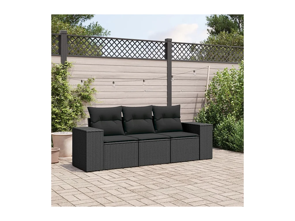 Salon de jardin 3 pcs avec coussins noir résine tressée