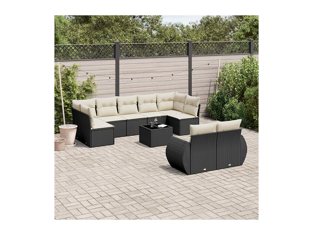 10-delige Loungeset met kussens poly rattan zwart