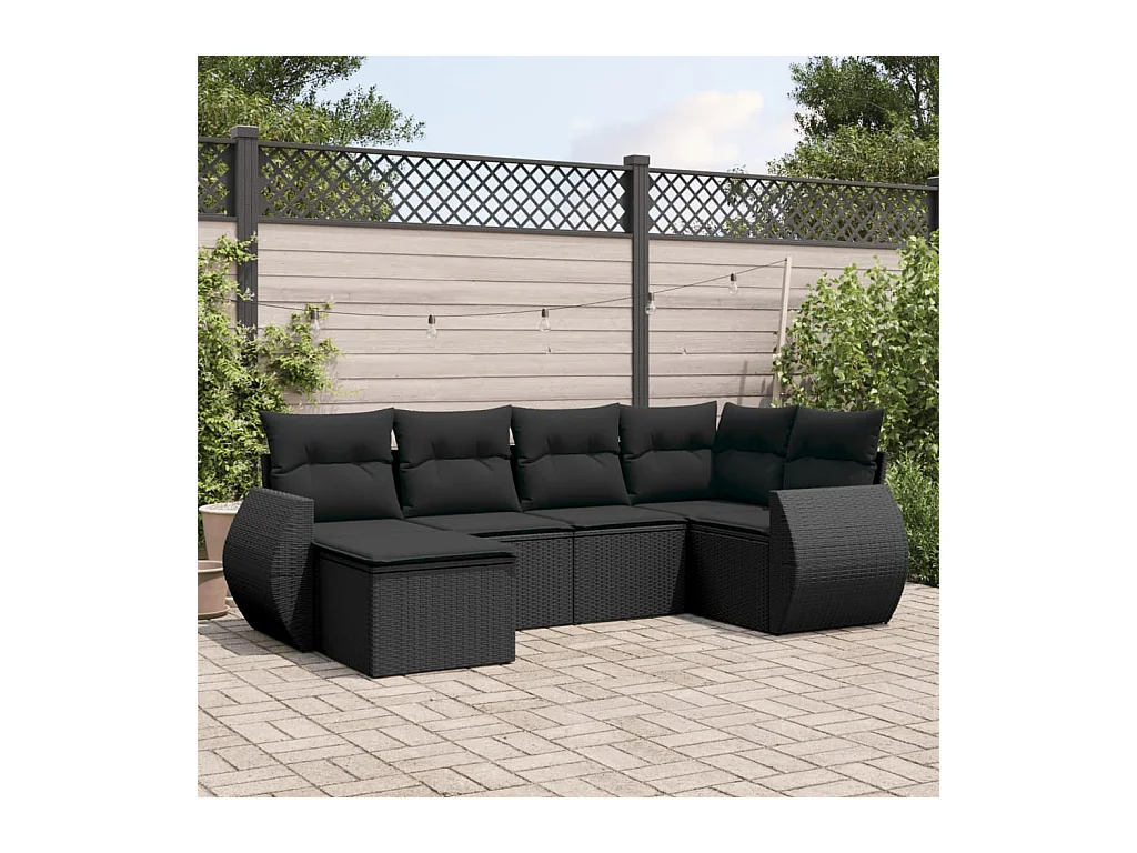 6-delige Loungeset met kussens poly rattan zwart
