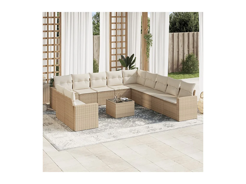 Salon de jardin avec coussins 12 pcs beige résine tressée