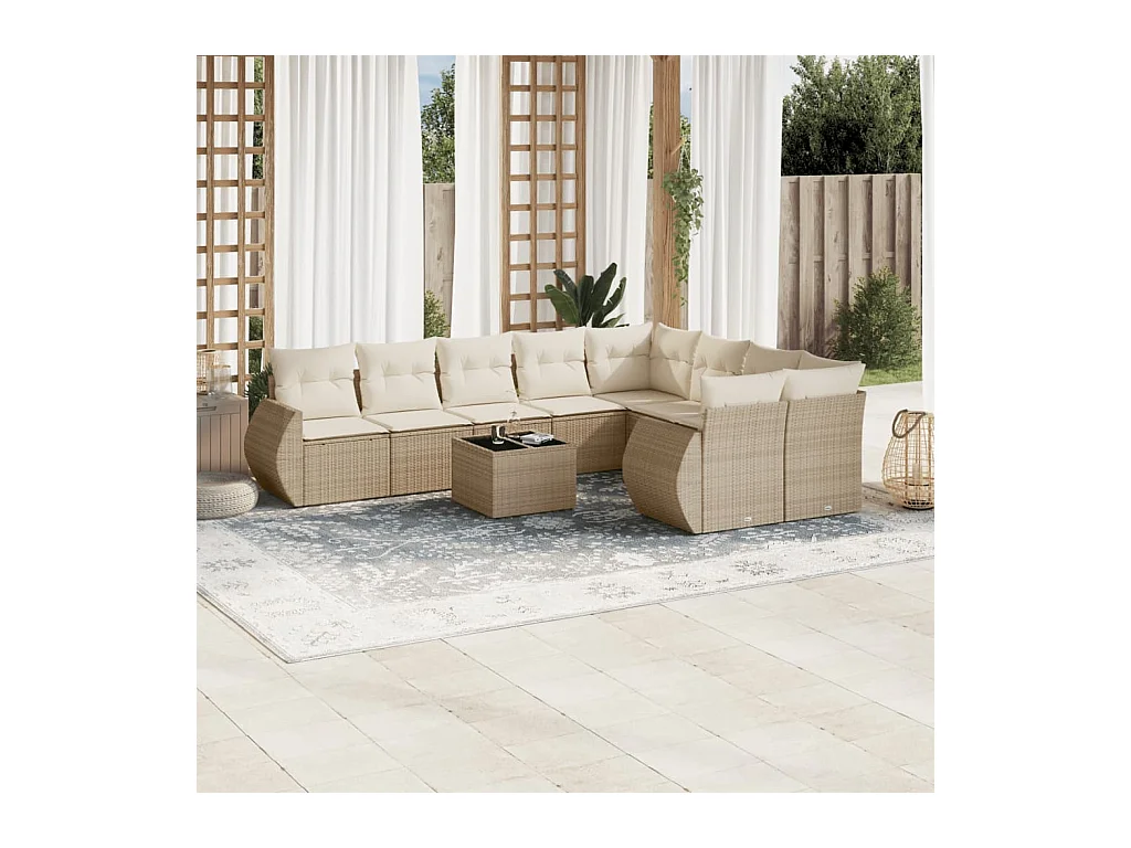 Set Divano da Giardino 10 pz con Cuscini Beige in Polyrattan