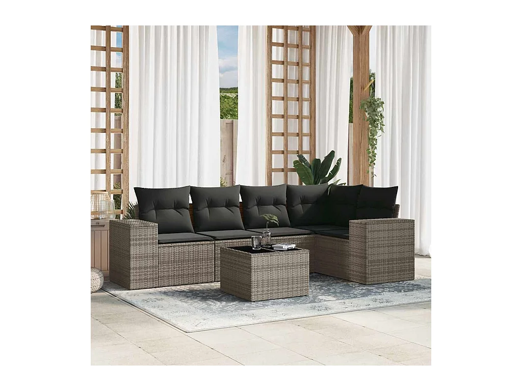 6-delige Loungeset met kussens poly rattan grijs