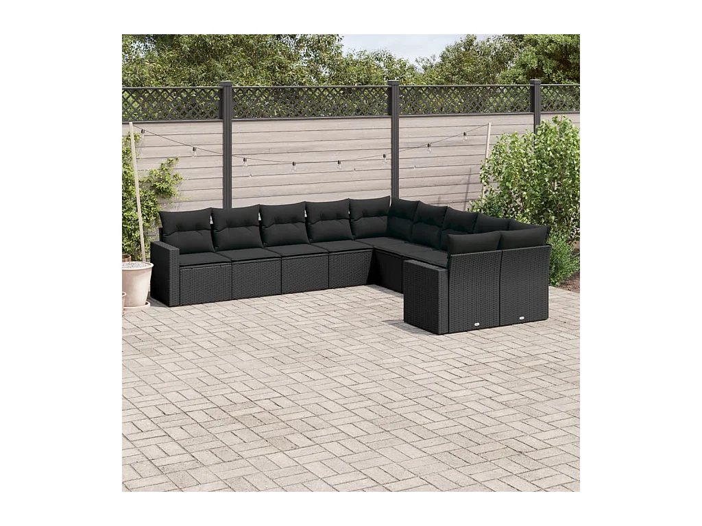 Salon de jardin 10 pcs avec coussins noir résine tressée
