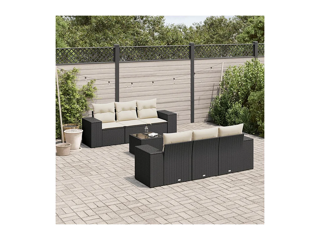 7-delige Loungeset met kussens poly rattan zwart