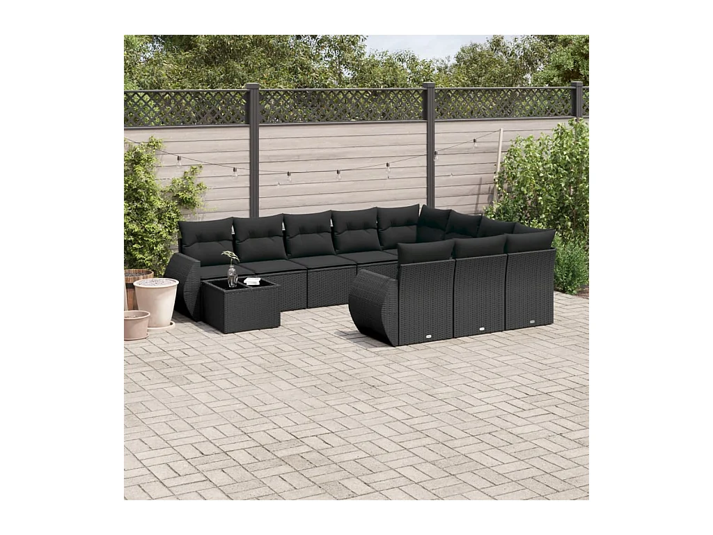 11-tlg. Garten-Sofagarnitur mit Kissen Schwarz Poly Rattan