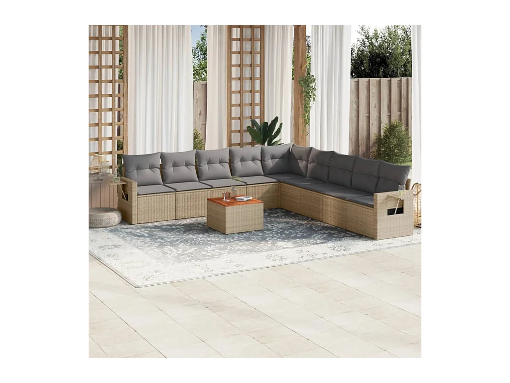 Salon de jardin avec coussins 10 pcs beige résine tressée