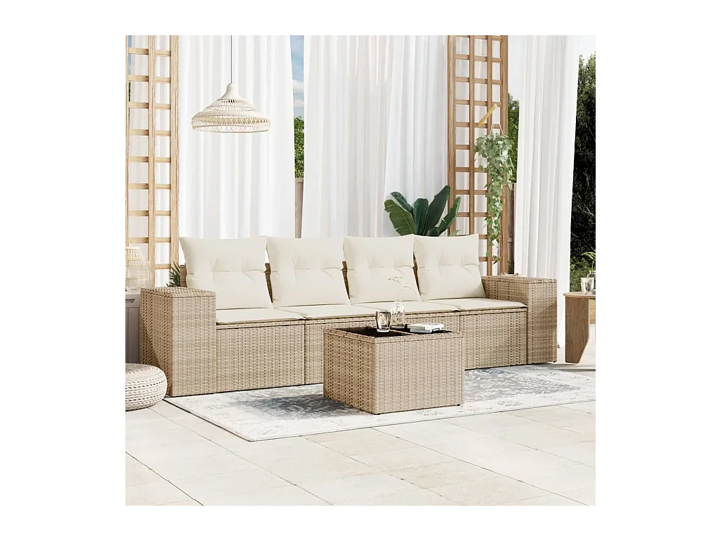 Salon de jardin avec coussins 5 pcs beige résine tressée