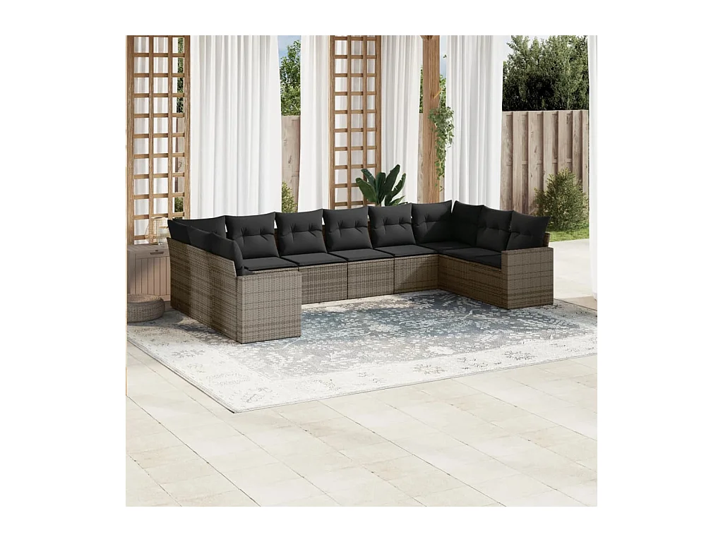 Salon de jardin avec coussins 10 pcs gris résine tressée