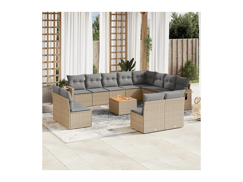 Salon de jardin avec coussins 13 pcs beige résine tressée