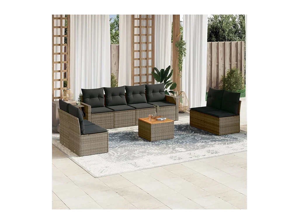 9-tlg. Garten-Sofagarnitur mit Kissen Grau Poly Rattan
