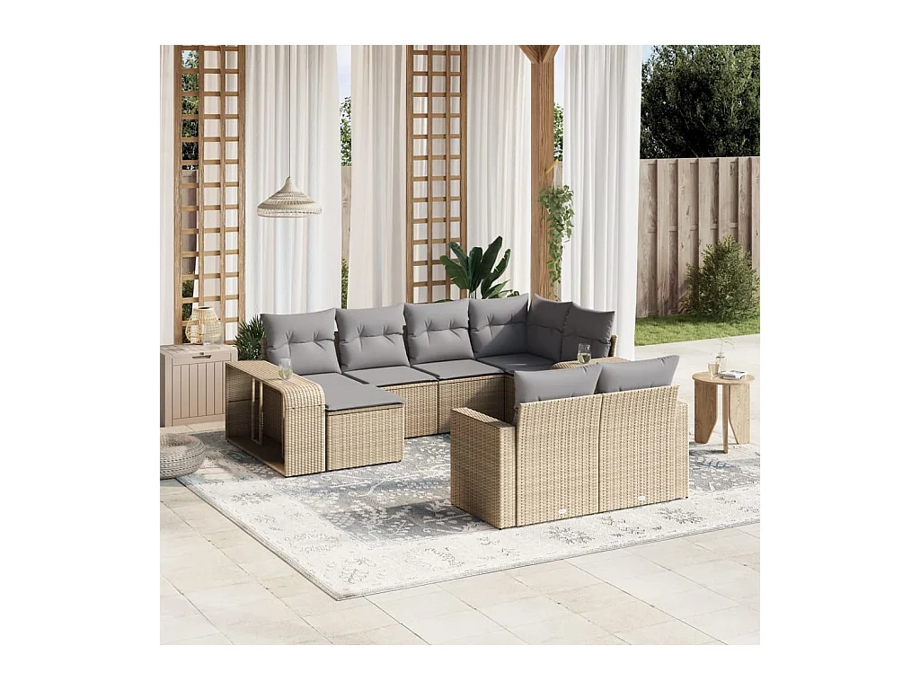 10-delige Loungeset met kussens poly rattan beige