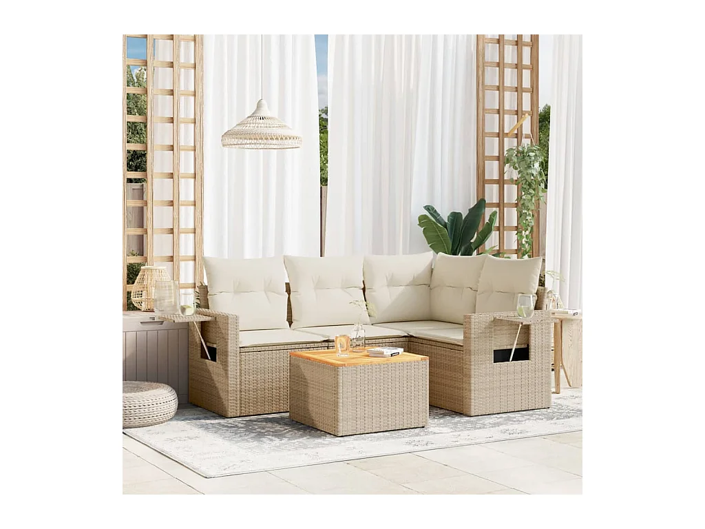 Salon de jardin avec coussins 5 pcs beige résine tressée