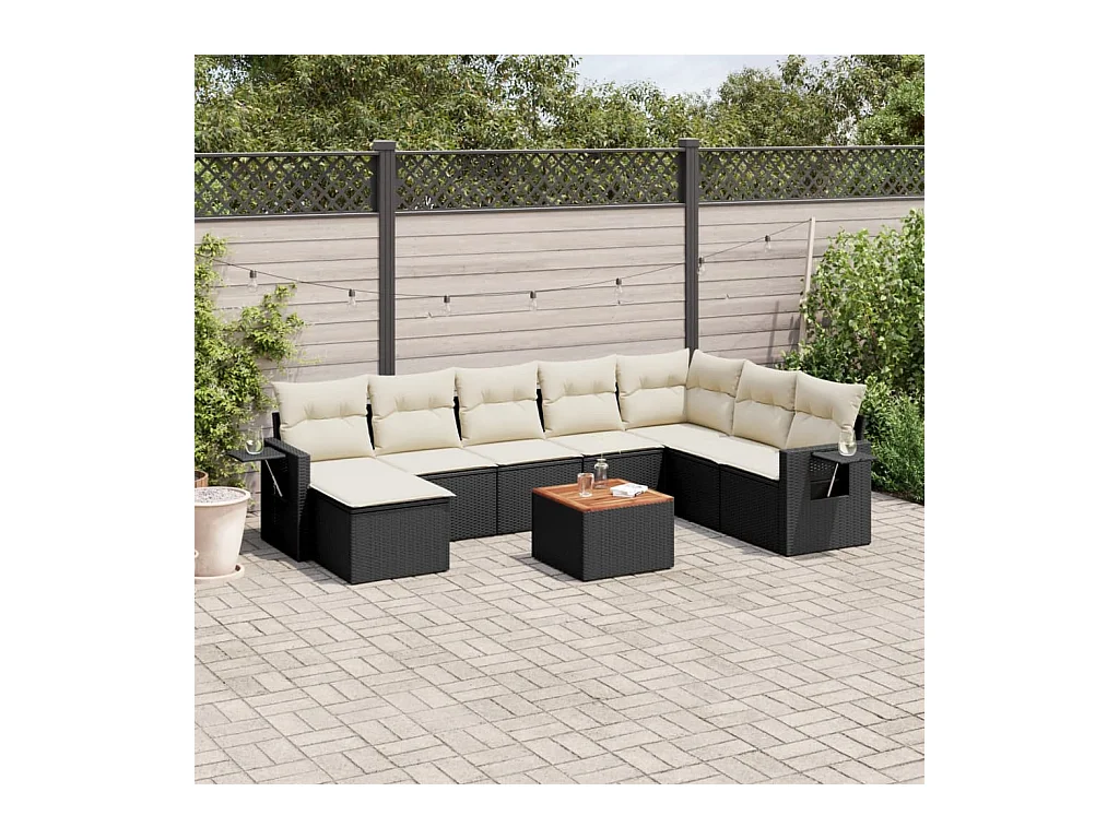 Set Divani da Giardino 9 pz con Cuscini Nero in Polyrattan