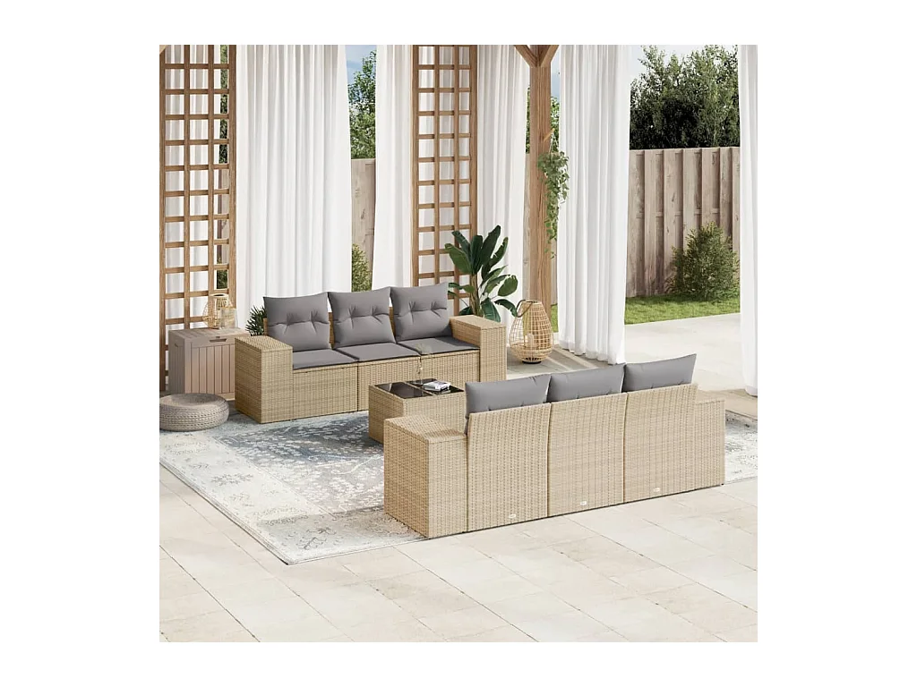7-delige Loungeset met kussens poly rattan beige