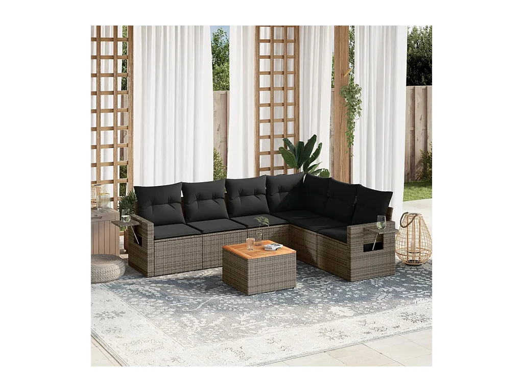 7-delige Loungeset met kussens poly rattan grijs