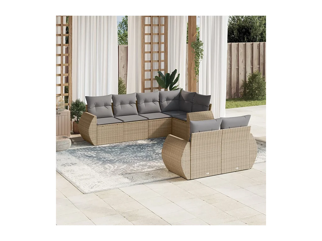 Salon de jardin avec coussins 7 pcs beige résine tressée