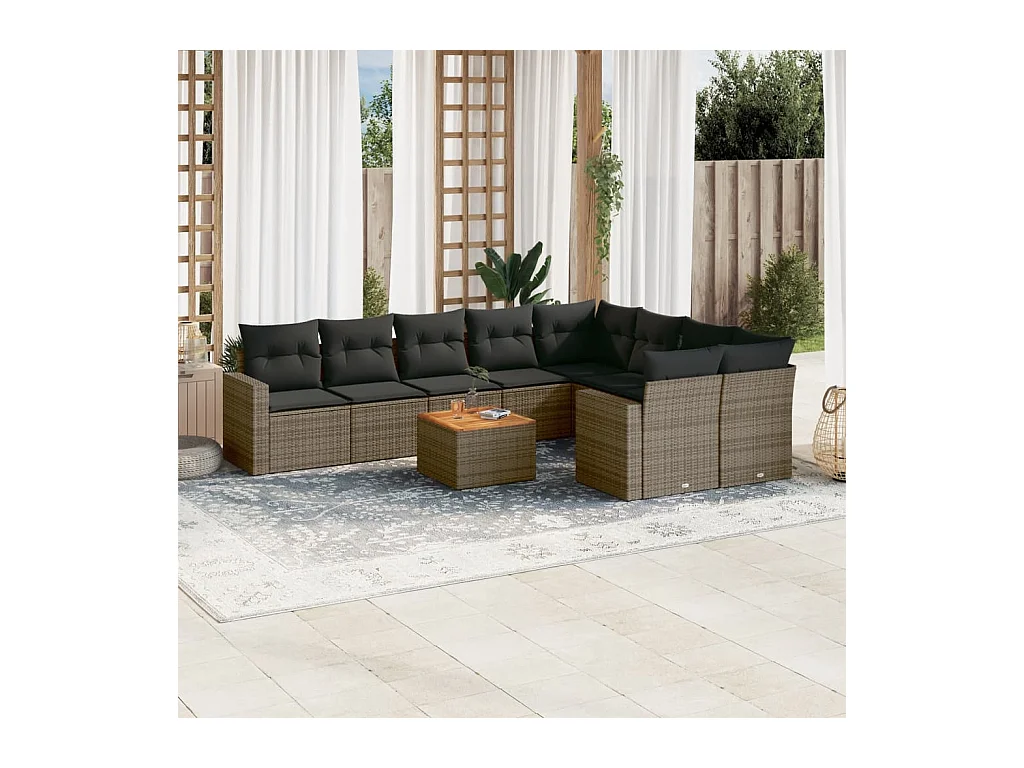 Set Divano da Giardino 10 pz con Cuscini Grigio in Polyrattan