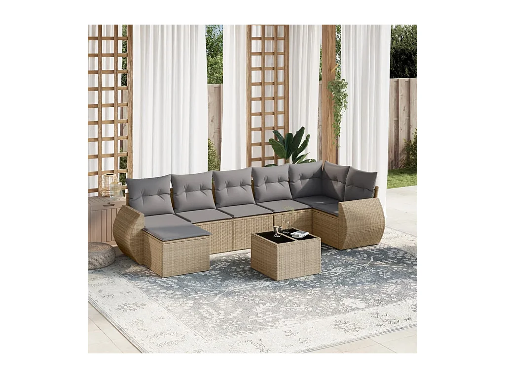 8-delige Loungeset met kussens poly rattan beige