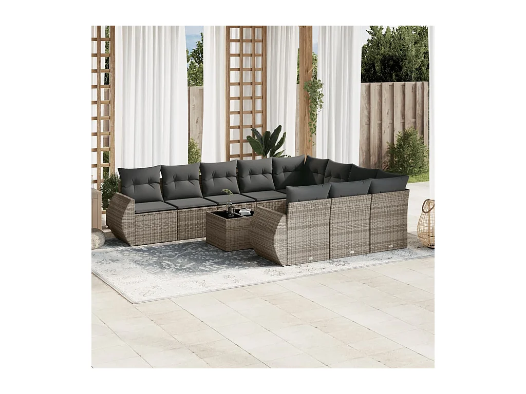 11-tlg. Garten-Sofagarnitur mit Kissen Grau Poly Rattan