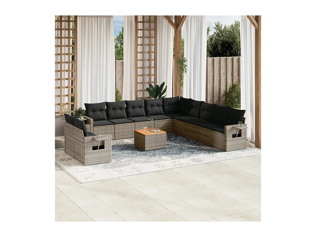 12-tlg. Garten-Sofagarnitur mit Kissen Grau Poly Rattan