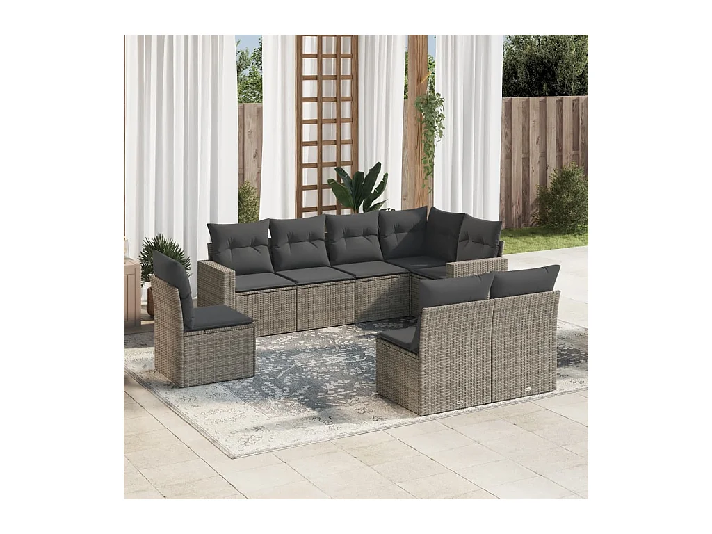 8-delige Loungeset met kussens poly rattan grijs