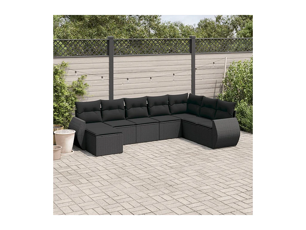 Salon de jardin 8 pcs avec coussins noir résine tressée