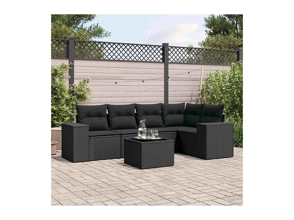 6-delige Loungeset met kussens poly rattan zwart