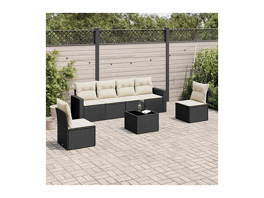 Salon de jardin 7 pcs avec coussins noir résine tressée