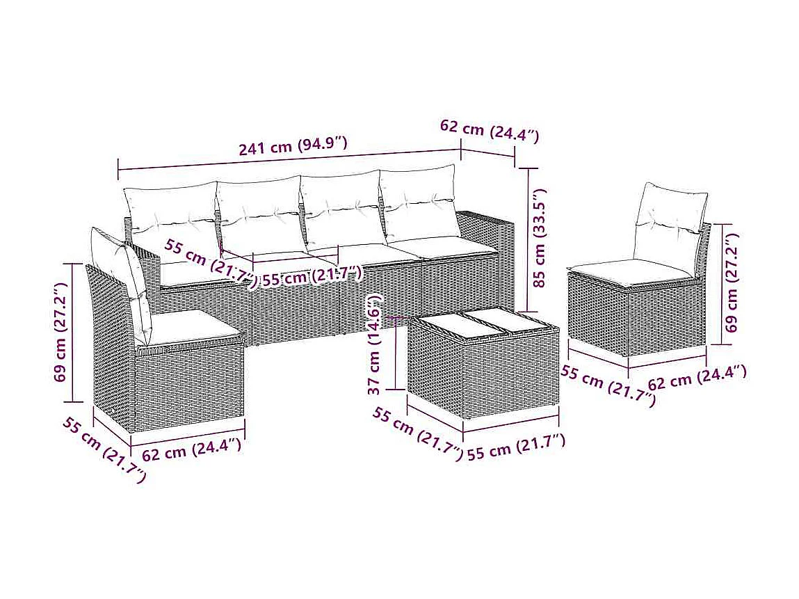 Salon de jardin 7 pcs avec coussins noir résine tressée