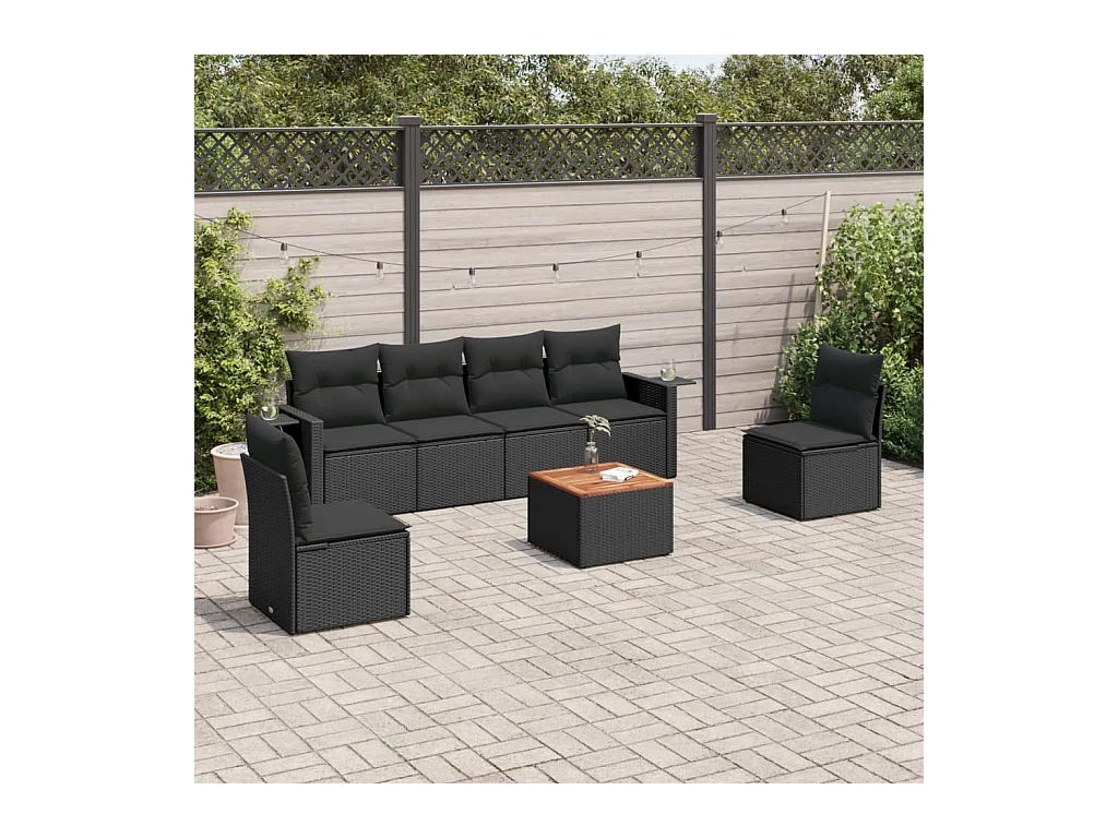Salon de jardin 7 pcs avec coussins noir résine tressée