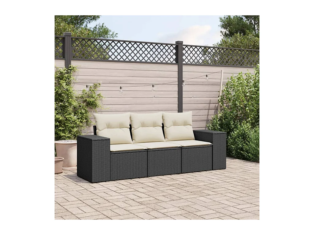 Salon de jardin 3 pcs avec coussins noir résine tressée