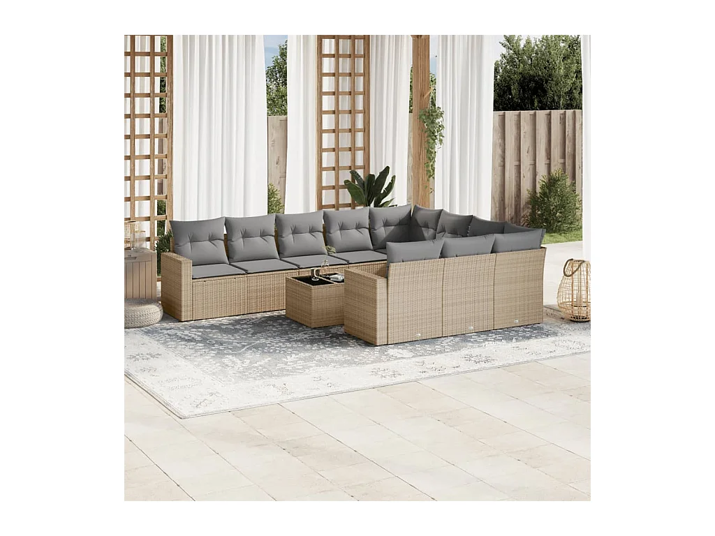 Salon de jardin 11 pcs avec coussins beige résine tressée
