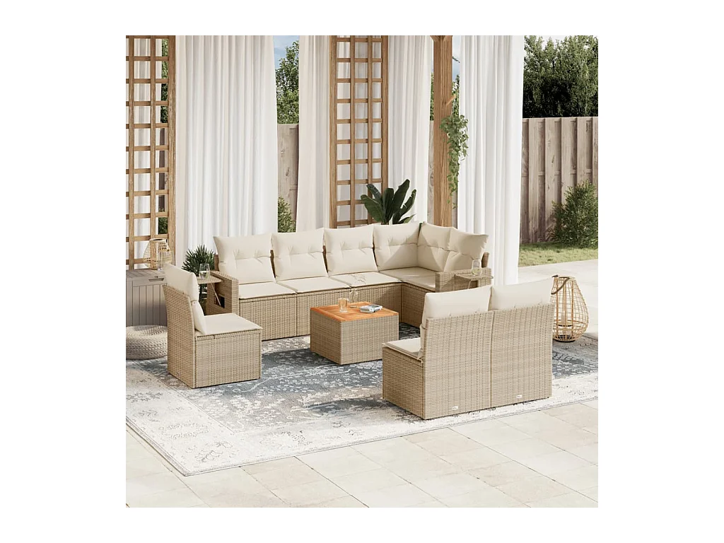 Salon de jardin avec coussins 9 pcs beige résine tressée