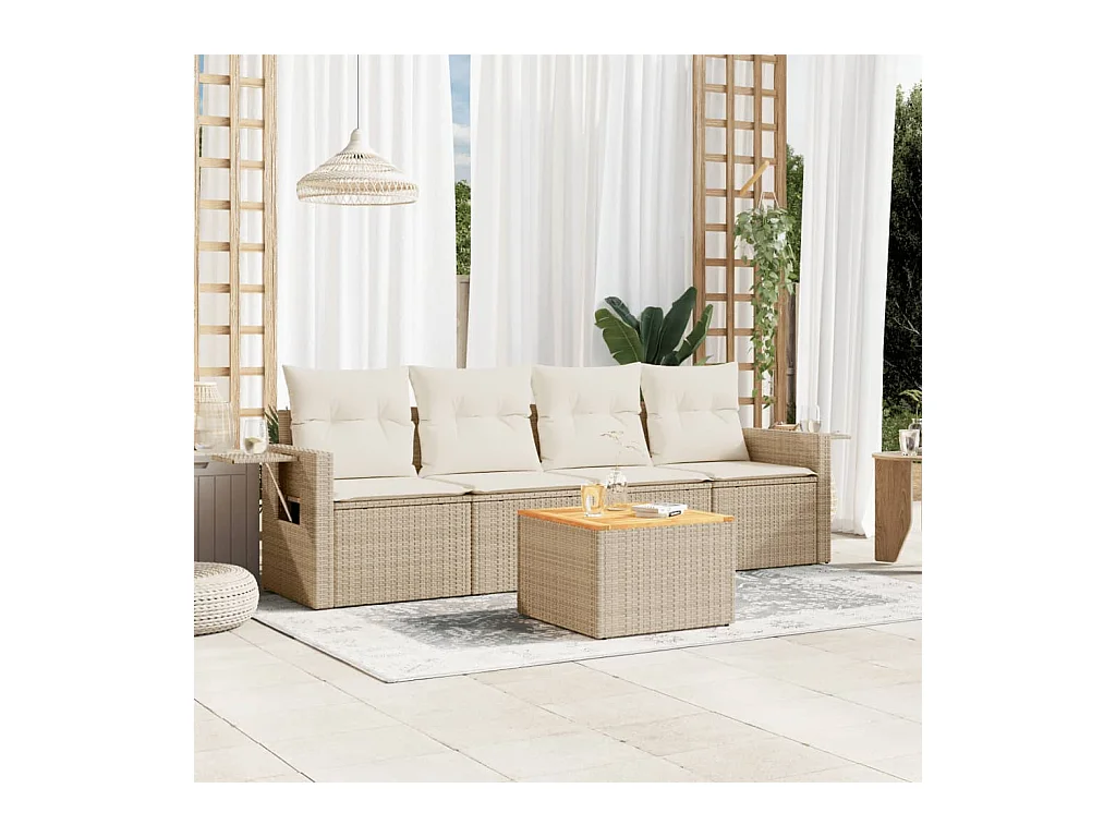 5-tlg. Garten-Sofagarnitur mit Kissen Beige Poly Rattan