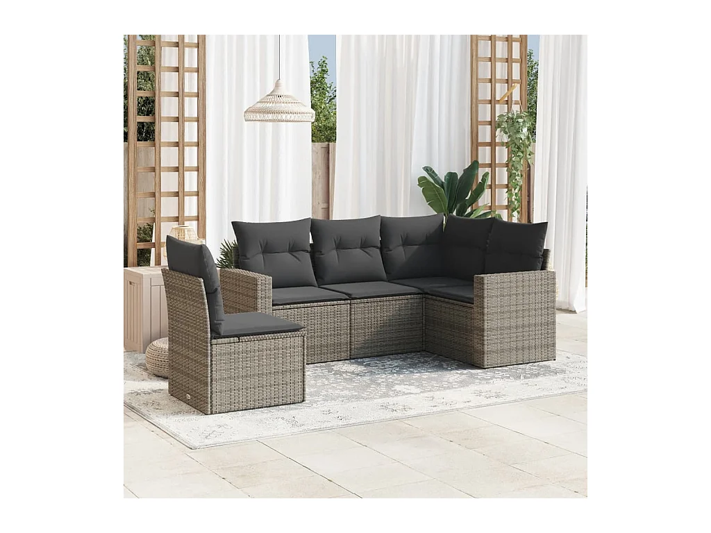 Salon de jardin 5 pcs avec coussins gris résine tressée