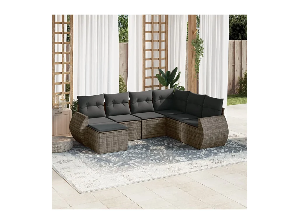 7-delige Loungeset met kussens poly rattan grijs
