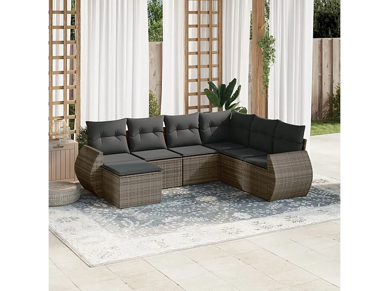 Salon de jardin avec coussins 7 pcs gris résine tressée