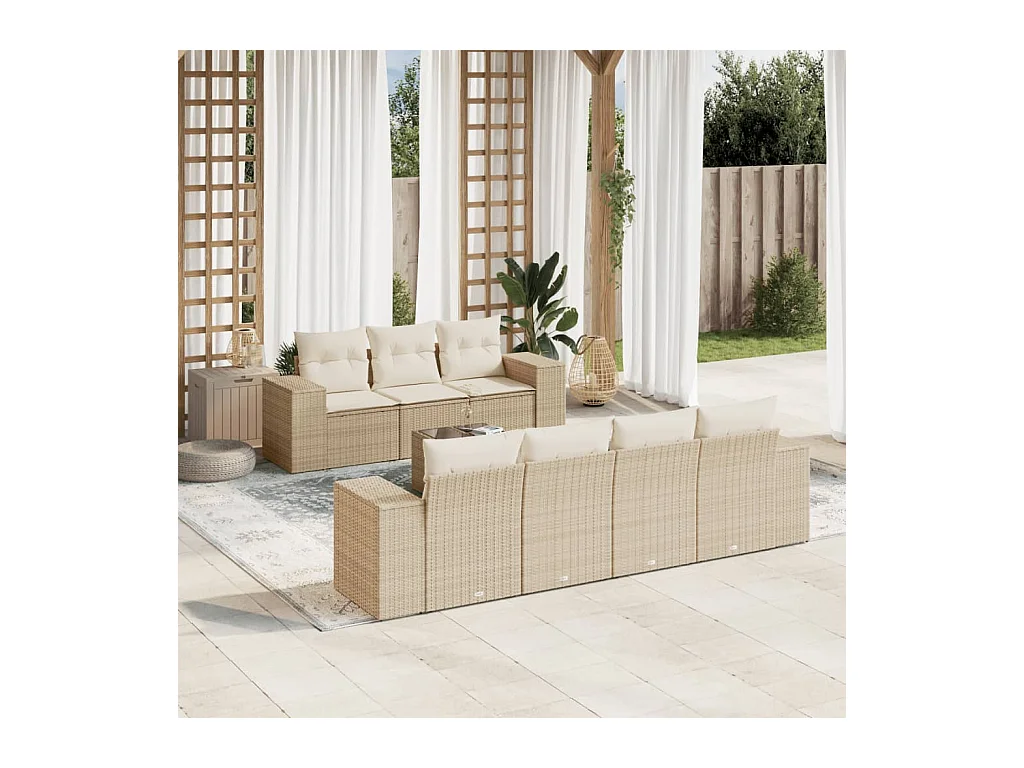 Salon de jardin avec coussins 8 pcs beige résine tressée