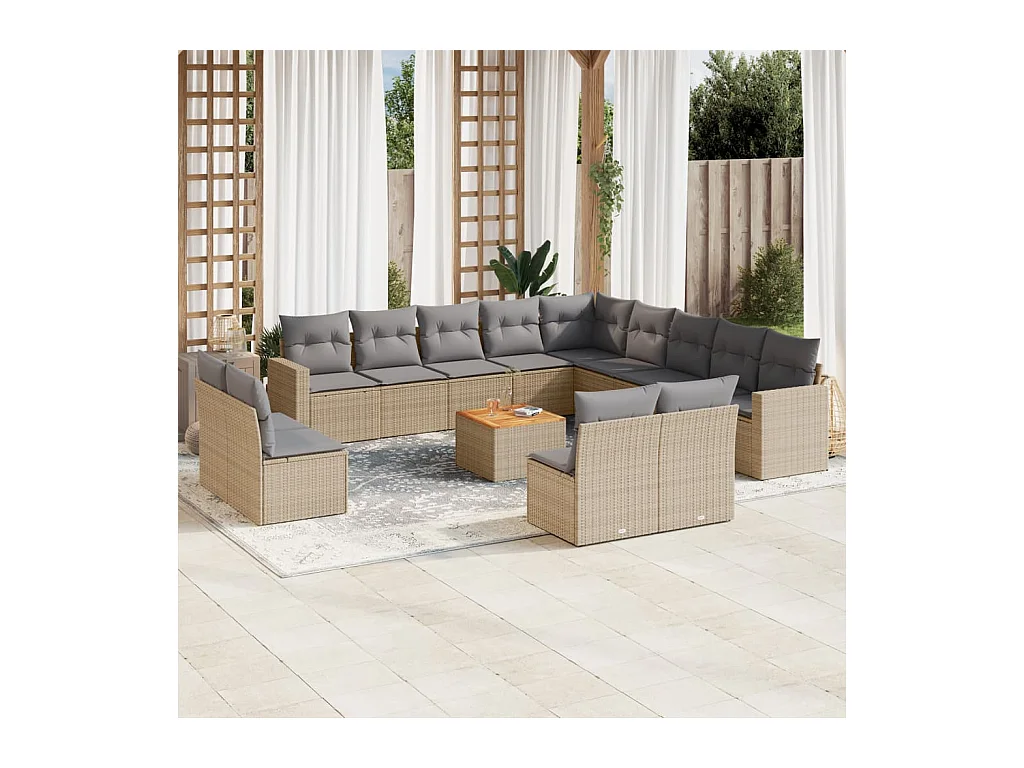 14-tlg. Garten-Sofagarnitur mit Kissen Beige Poly Rattan