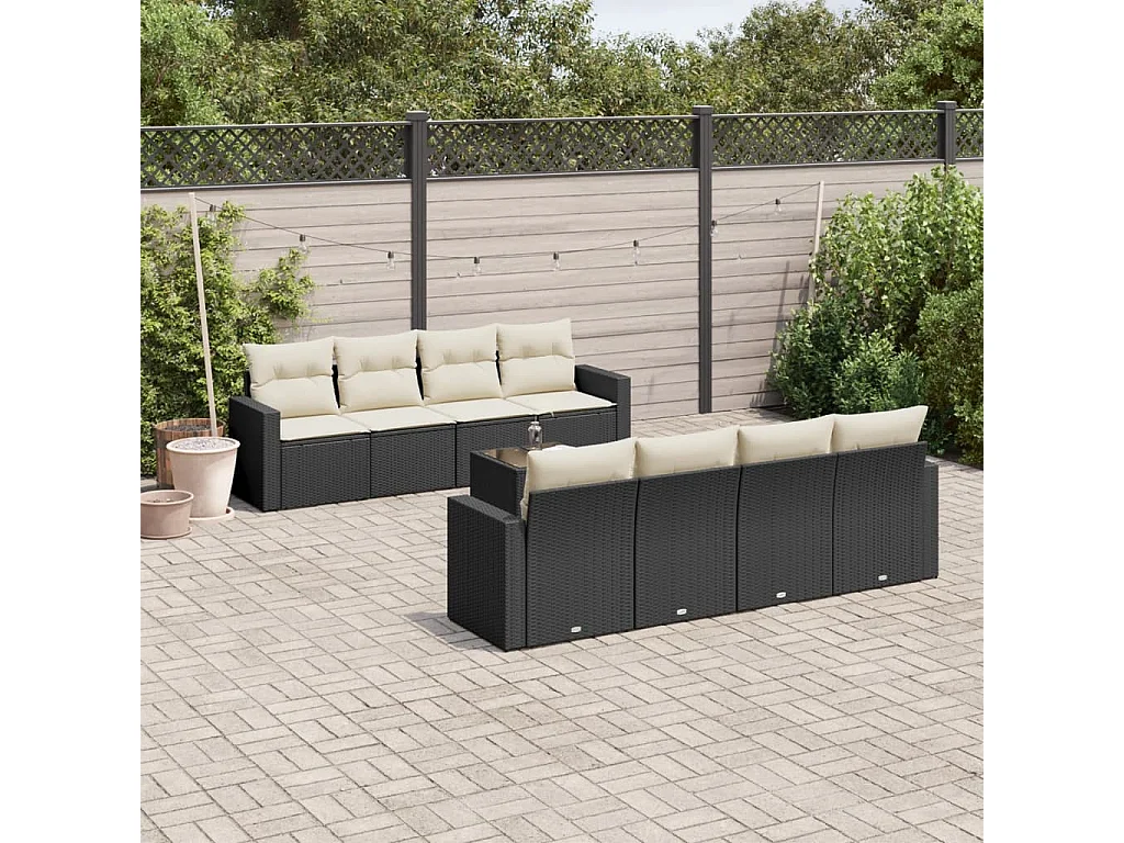 Set Divani da Giardino 9 pz con Cuscini Nero in Polyrattan
